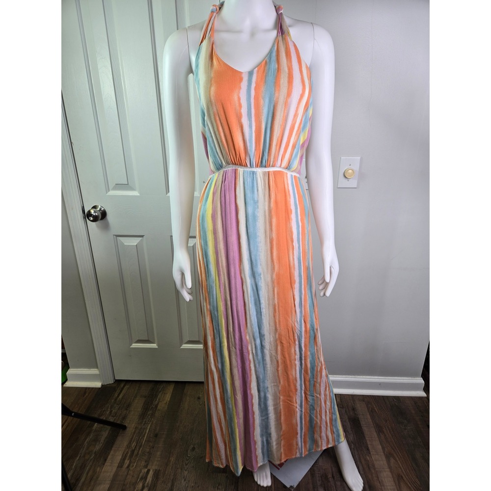 Gilli Multi Color Striped Halter‎ Maxi Dress Orange Blue Pink Yellow Size M NEW